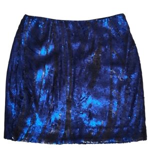 Bebe Women's 6 Blue Black Mini Skirt Fully Embellished Sequins Abstract Glamour